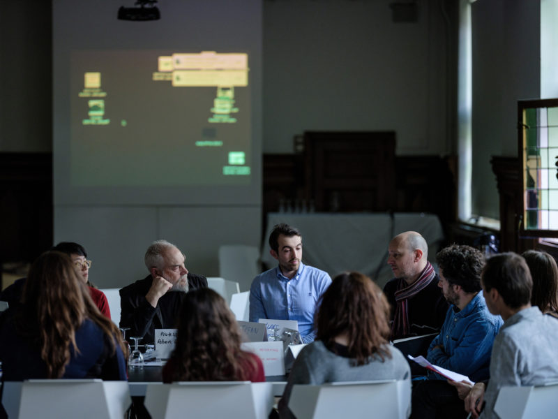 Discussing 'Deep Time communication through long term projection'. Nuclear Culture Roundtable, 17 November 2017, Z33. © ONDRAF/NIRAS, photography by Buket Dorbar.